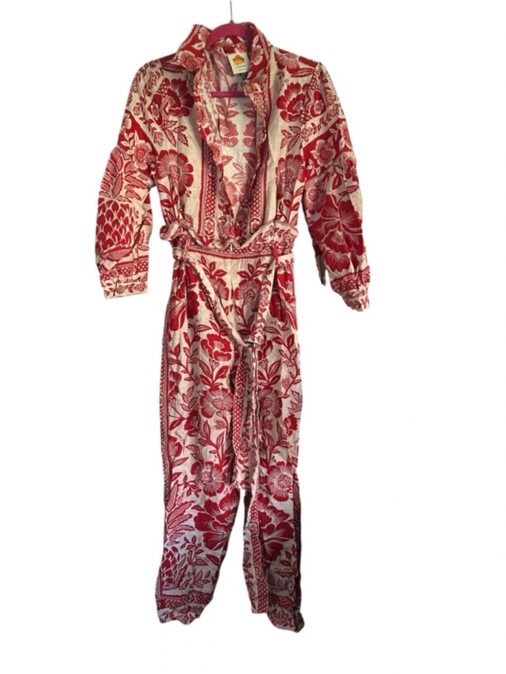 Farm Rio Red Pineapple Garden Floral Print Linen Blend Jumpsuit Size Small - Picture 5 of 7